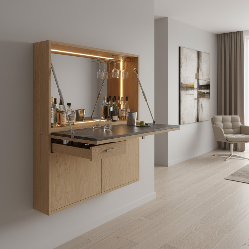 Fold-Away Wall Bar Or Drop-Leaf Console For Multiuse Rooms