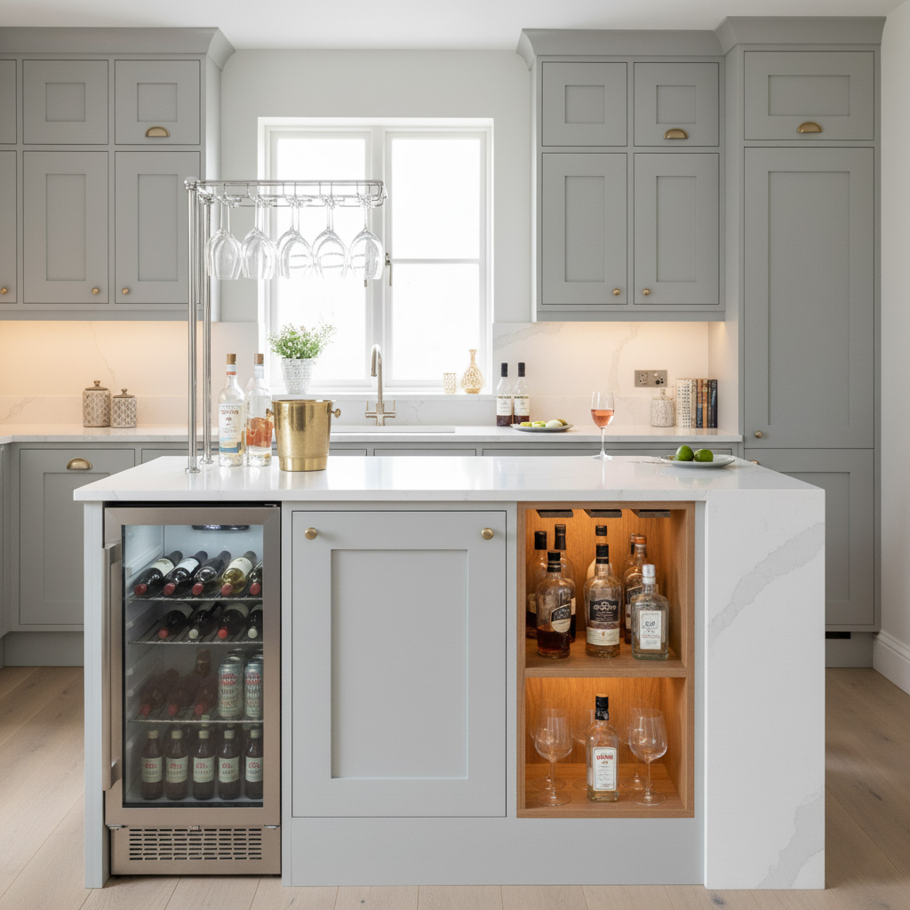 Kitchen Peninsula Bar With Built-In Beverage Fridge And Open Shelves