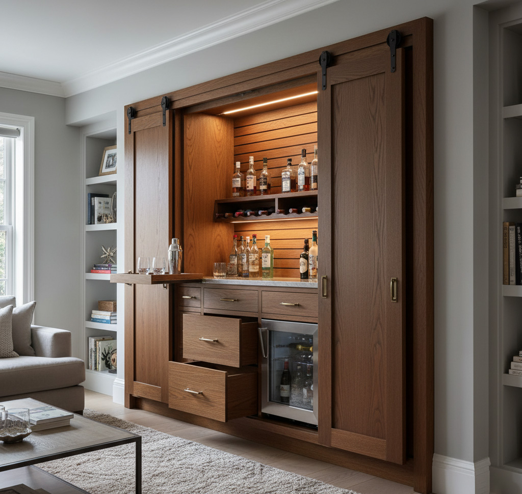Living Room Built-In Cabinet With Sliding Doors