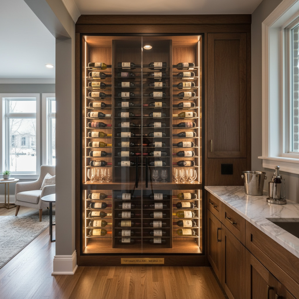 Wine Wall With Glass Display And Integrated Racks