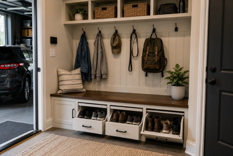 A Shoe Storage Bench Near The Garage Entry