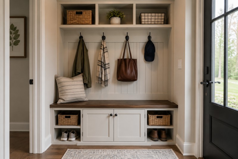 A Hall Tree Bench With Cabinet Storage