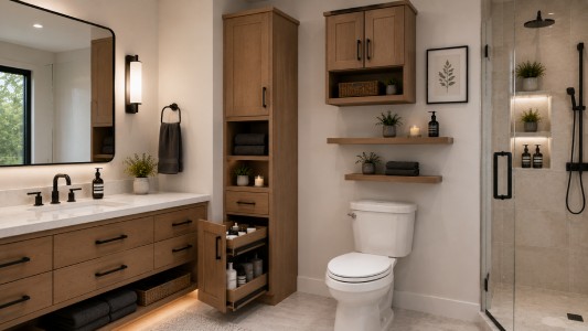 Vertical Bathroom Storage Towers and Wall Shelving