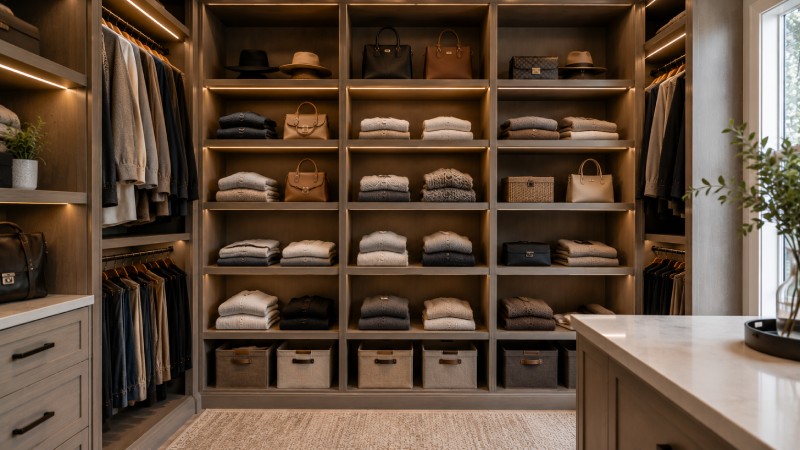 Shelving for bags, knits, hats, and overflow