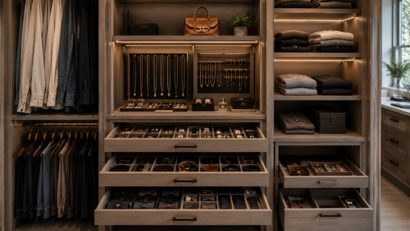 Specialty space for jewelry, belts, ties, and daily accessories