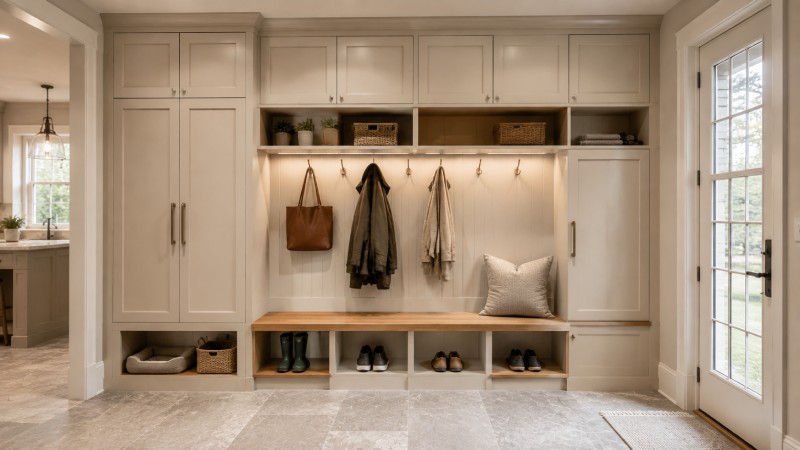 Combine Open Mudroom Storage With Closed Cabinets